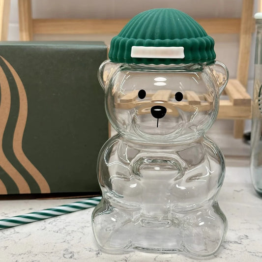 500ml cute transparent bear shaped coffee mug with straw