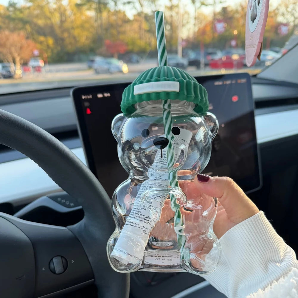 500ml cute transparent bear shaped coffee mug with straw