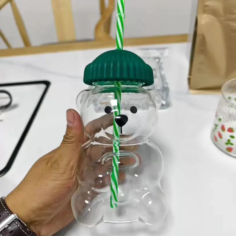 500ml cute transparent bear shaped coffee mug with straw