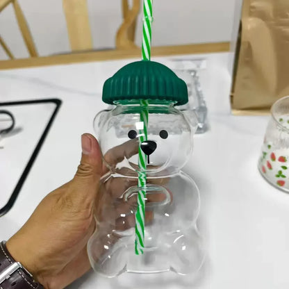 500ml cute transparent bear shaped coffee mug with straw