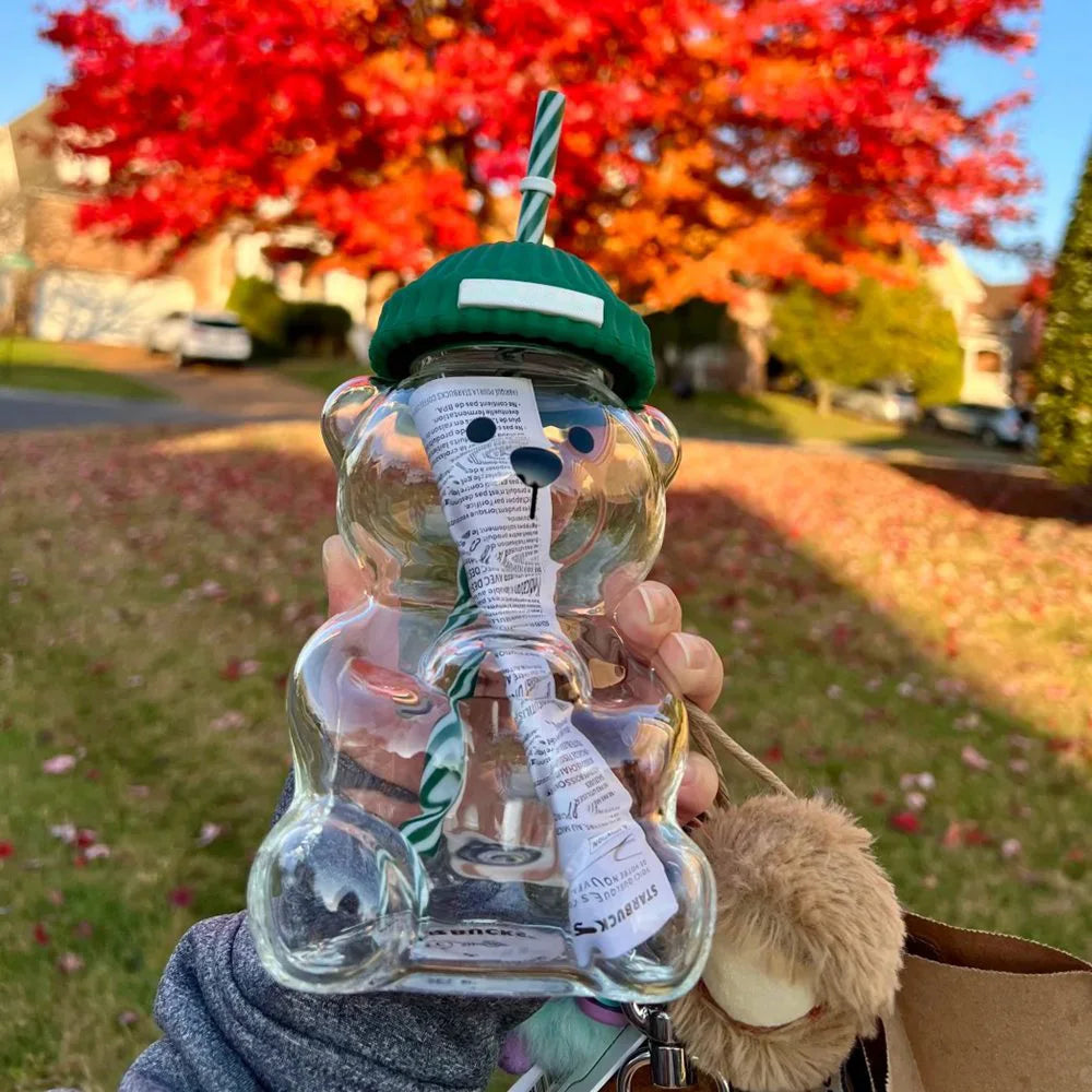 500ml cute transparent bear shaped coffee mug with straw