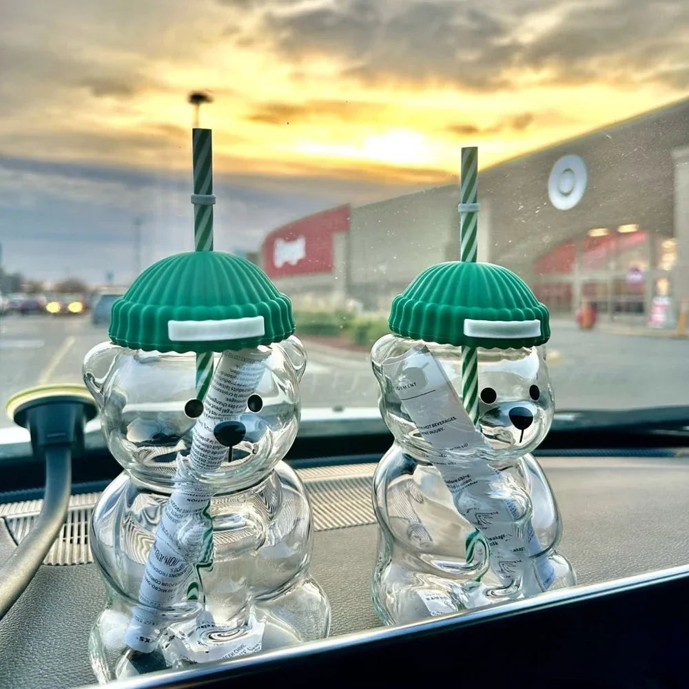 500ml cute transparent bear shaped coffee mug with straw