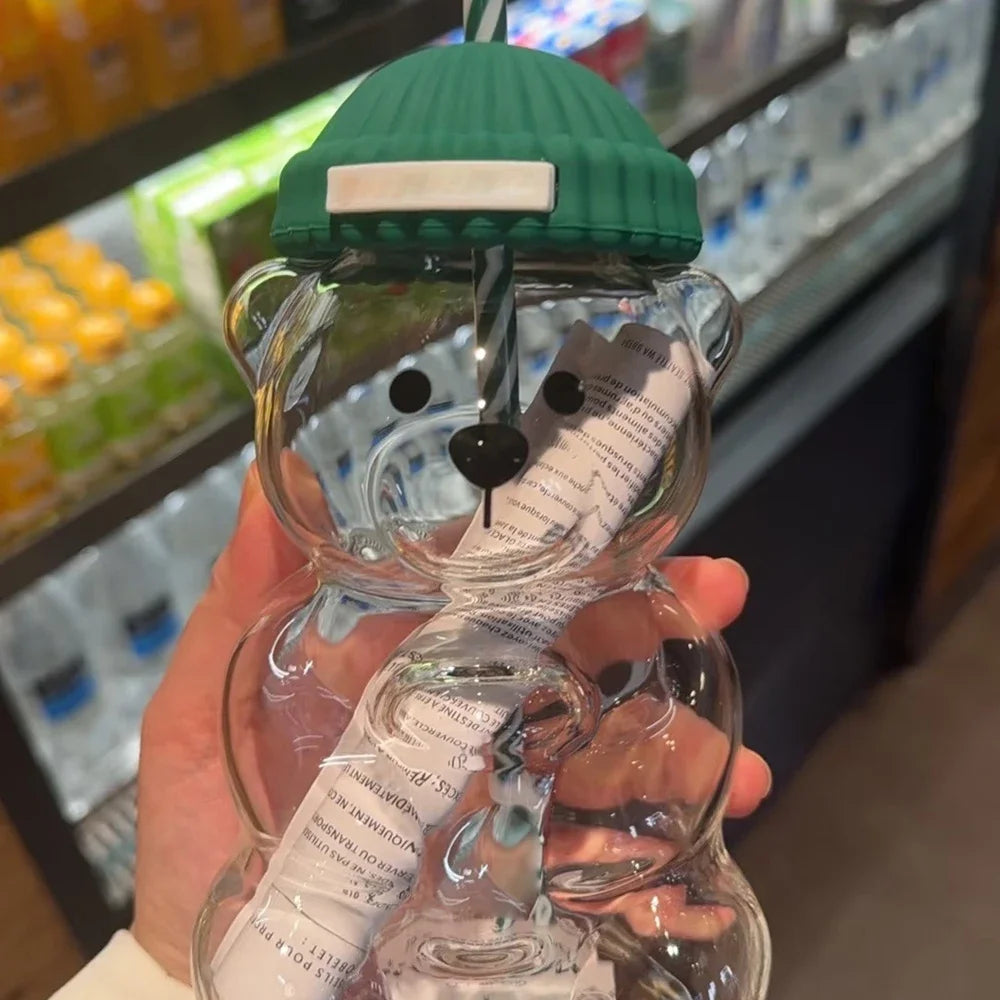 500ml cute transparent bear shaped coffee mug with straw